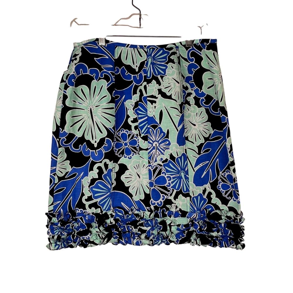 Etcetera linen blend blue green floral knee length skirt, size 6 EUC